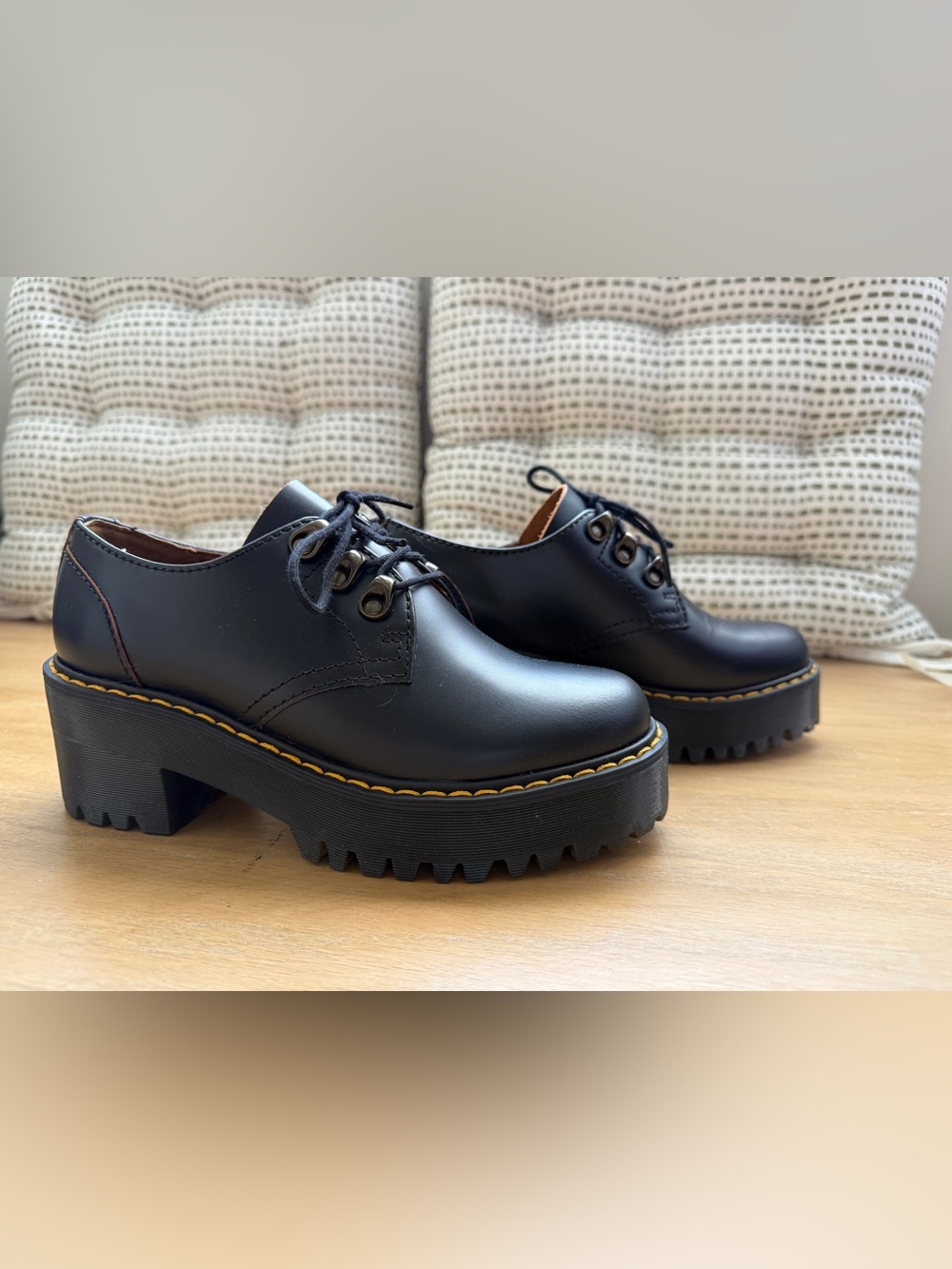 Dr. Martens Leona Lo Black Leather Heeled Platform Oxford Derby Shoes